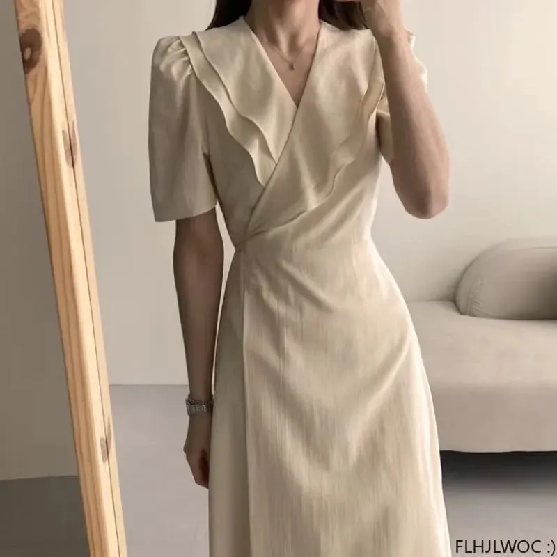 Sydkorea Chic midiklänning Kvinnor Sommar Japanstil Retro Vintage Design Volanger Rosa One-Piece Spetsklänning FLHJLWOC Vestidos