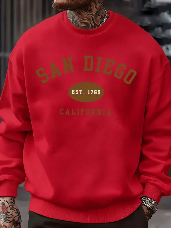 San Diego California Letter Printed Men Pullover Sweatshirts Soft Fleece Sweatshirt Crewneck Casual Clothes Oversized Streetwear