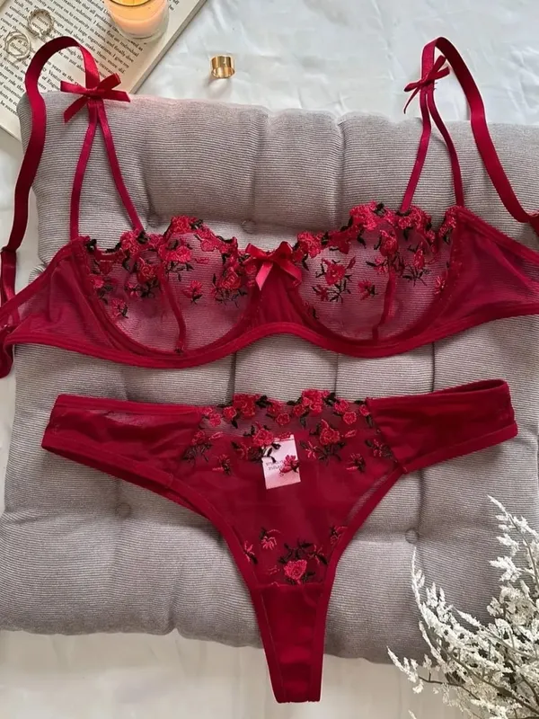 Lencería de noche para mujer, ropa interior Sexy hermosa de 2 piezas con bordado floral, conjunto de lencería erótica, conjuntos de mujer