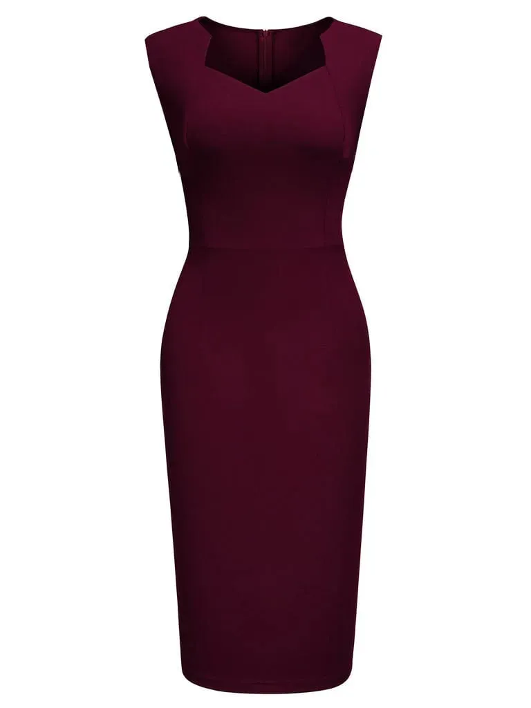 Women Elegant Square Neck Sleeveless Vintage Slim Work Office Cocktail Party Business Casual Sheath Bodycon Pencil Dress