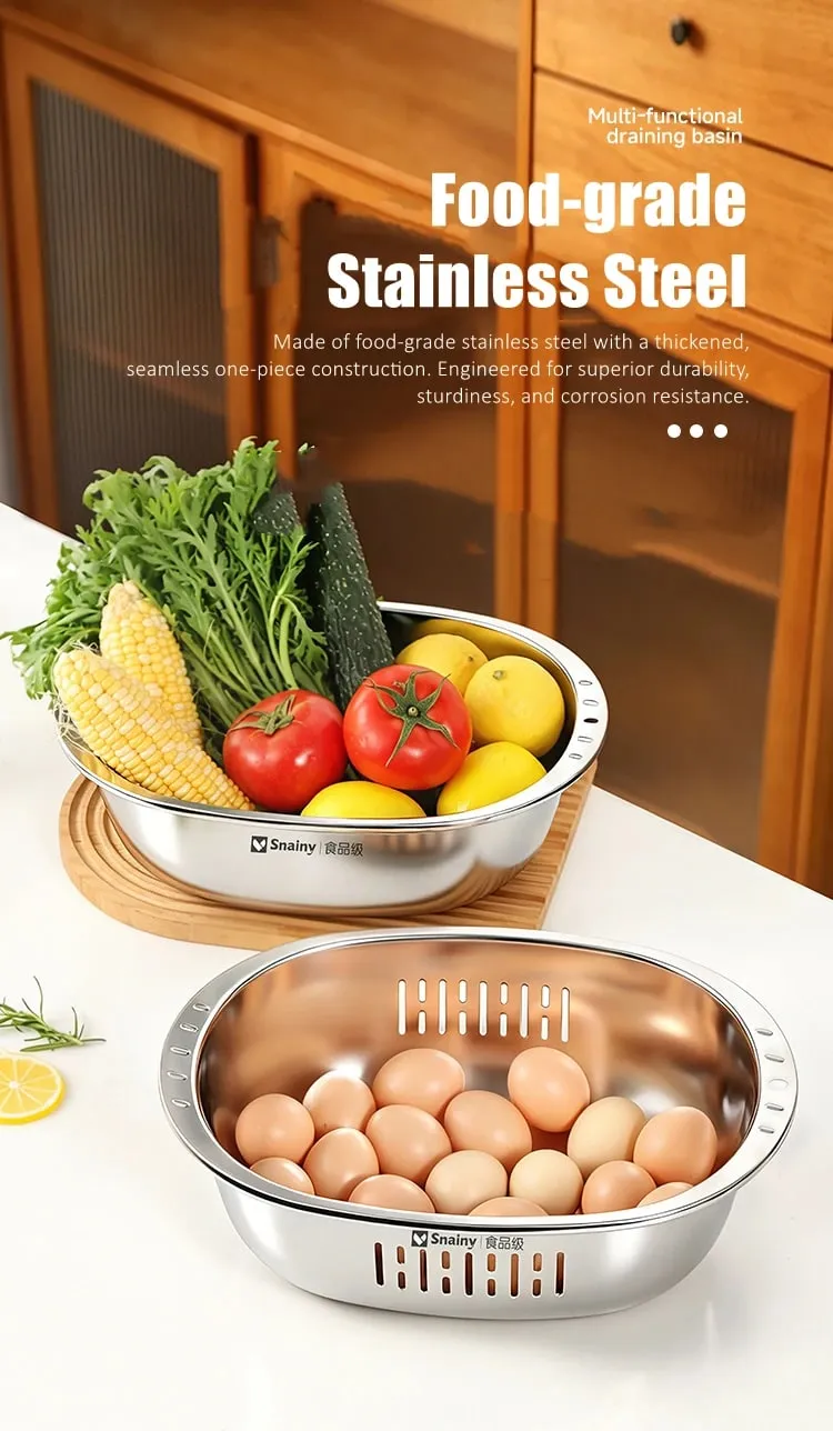 Food-grade Stainless Steel Basin and Colander Set Washing and Draining 2 in 1 Kitchen Accessories Ultrasonic Polishing Gadgets