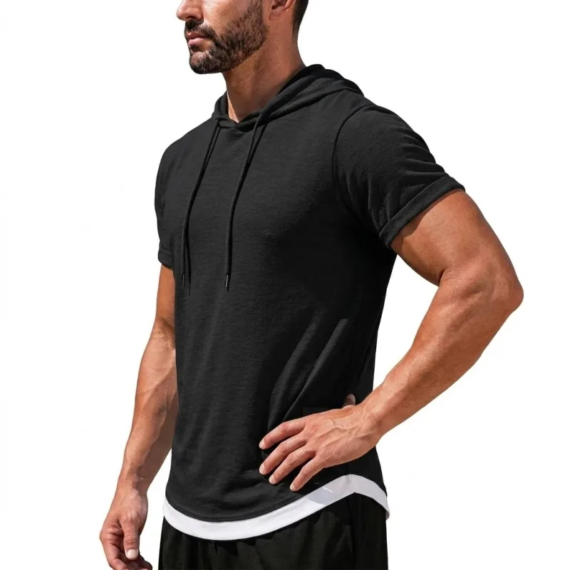 Hoodie Lengan Pendek Musim Panas Kaus Tipis Kasual Pria Hoodie Pulover Ringan Kaus Sejuk Pakaian Jalanan Korea Pria Gym