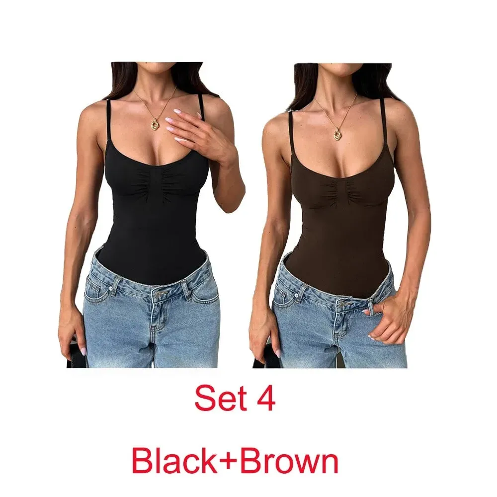 [You're My Secret] Brown Spaghetti Strap Bodysuit for Women Black Sleeveless Vest Top Y2K Gothic Bodysuit Fashion Streetwear