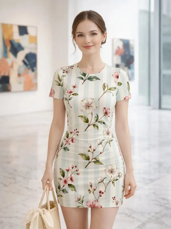 Womens Short Sleeve Bodycon Mini Dress Slim Fit Crew Neck Floral Print Casual Summer Party Lightweight Stretch Clubwear Sundress