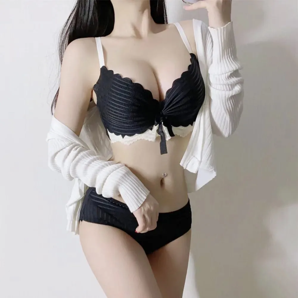 Summer Thin Lace Bra Panty Set 32‑38 No Underwire Japanese Pure‑Desire Push Up Soft Brassiere Lingerie For Girls S-XL