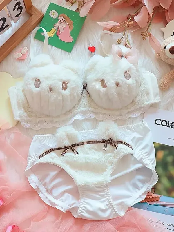 Cute Cat Paw Plush Lingerie Set for Women Warm Winter Bra & Panty with Ears Comfortable Kawaii Underwear