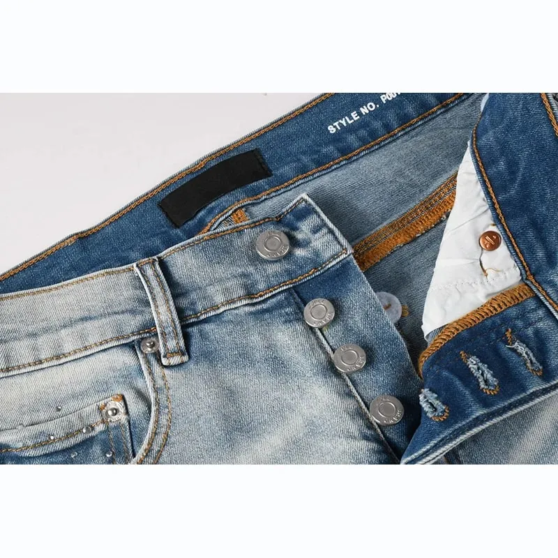 Men's Washed Distressed Skinny Ripped Jeans Light Blue Rhinestone Decor Button Fly High Street Style