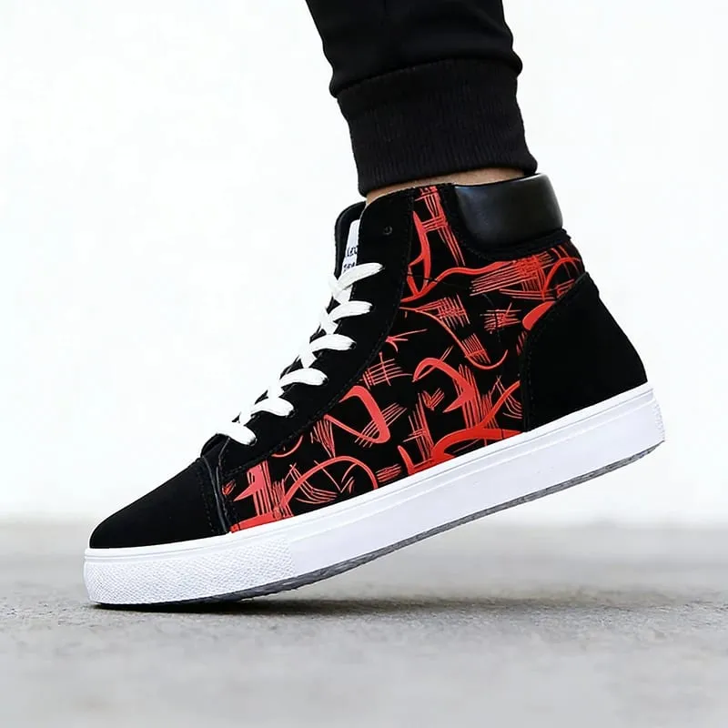 Street Style Mode Sneakers Herr Fritidsskor Platta Andas Hög topp Svart Röd Märke Skor för män
