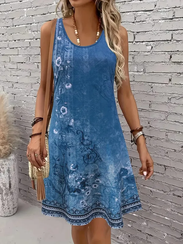 2026 Summer Women's Sleeveless Dresses Knee-Length Round-Neck Dresses Beach and Vacation Casual Dresses Printed Women's Dresses