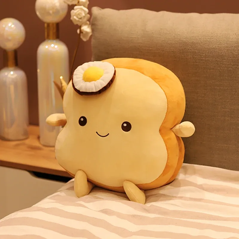 Almohada de felpa con forma de huevo frito de 25/35cm, almohada de pan tostado, peluche de comida marrón quemada sonriente, cojín de apoyo para la espalda, decoración, regalo tranquilizador