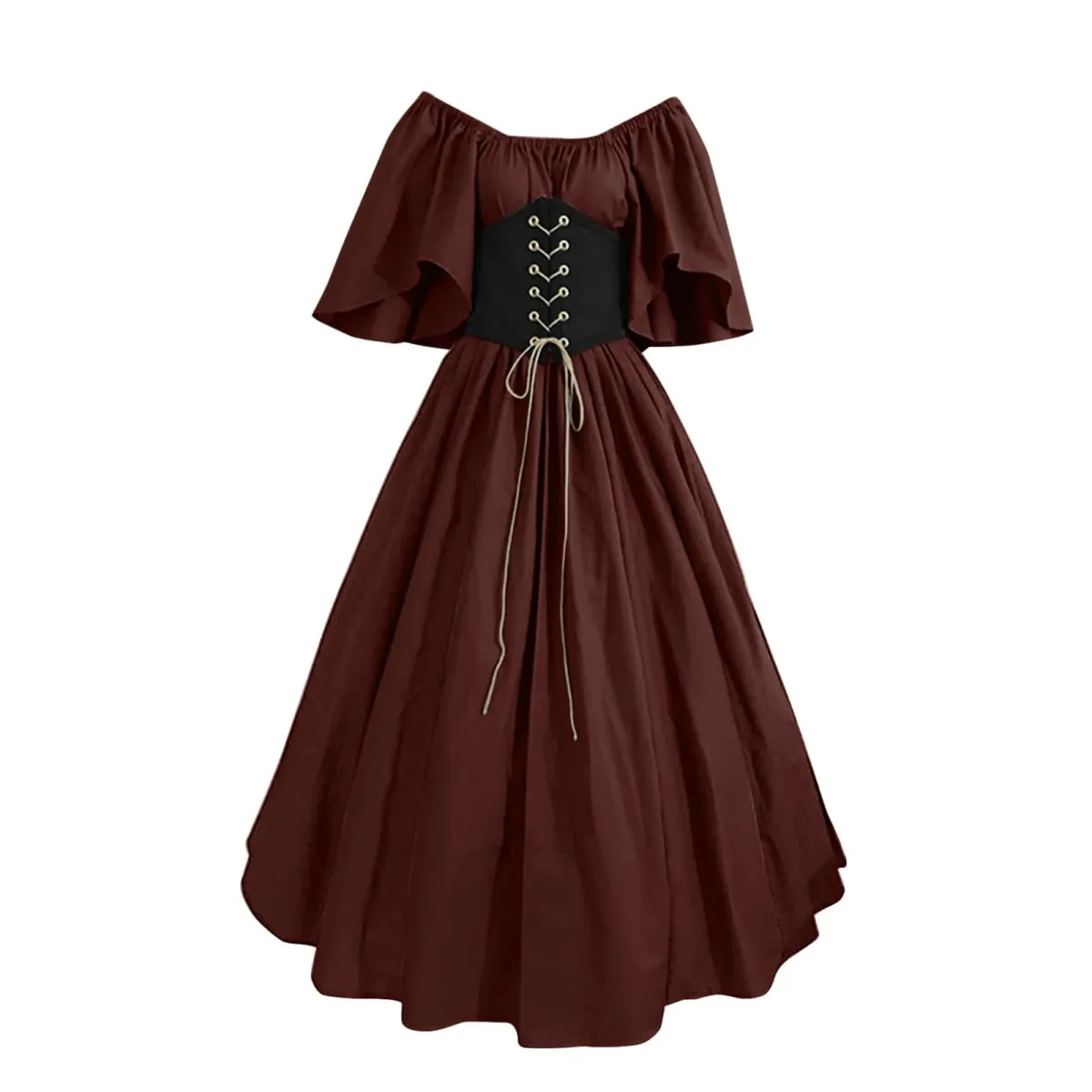 intage Women Dress Short Sleeves Lace-up Patchwork Long Dress Medievals Victoria Princess Cosplay Dresses Retro Party Vestidos