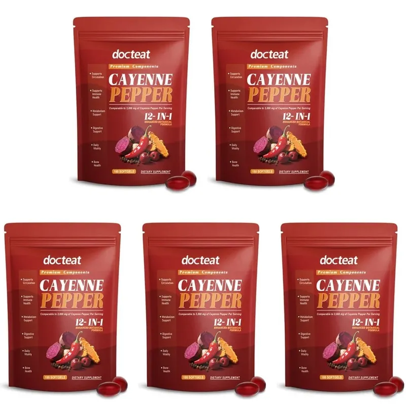 Docteat Cayenne Pepper Softgels with Vitamin D3 and K2 Energy Metabolism and Digestive Support Antioxidant Defense 180 Softgels