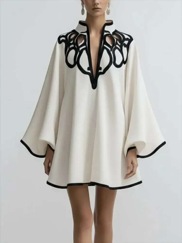 2026 New Hollowed V-neck Mini Dress for Women Flared Sleeves Pleated Dress Spring Stylish Contrast Trims Elegant Party Dress