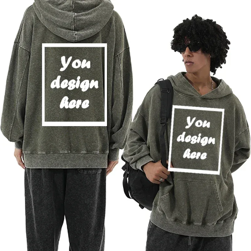 Men's personalized custom-printed washed vintage hooded warm sports wear thick 350 grams comfortable and warm.
