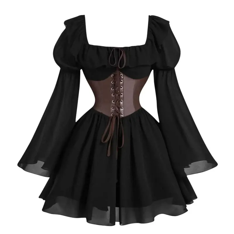 Renaissance Period Medieval New Long Sleeved Women's Bubble Sleeve Dress Halloween Fashion Retro New Party Waist Cinched Skirt