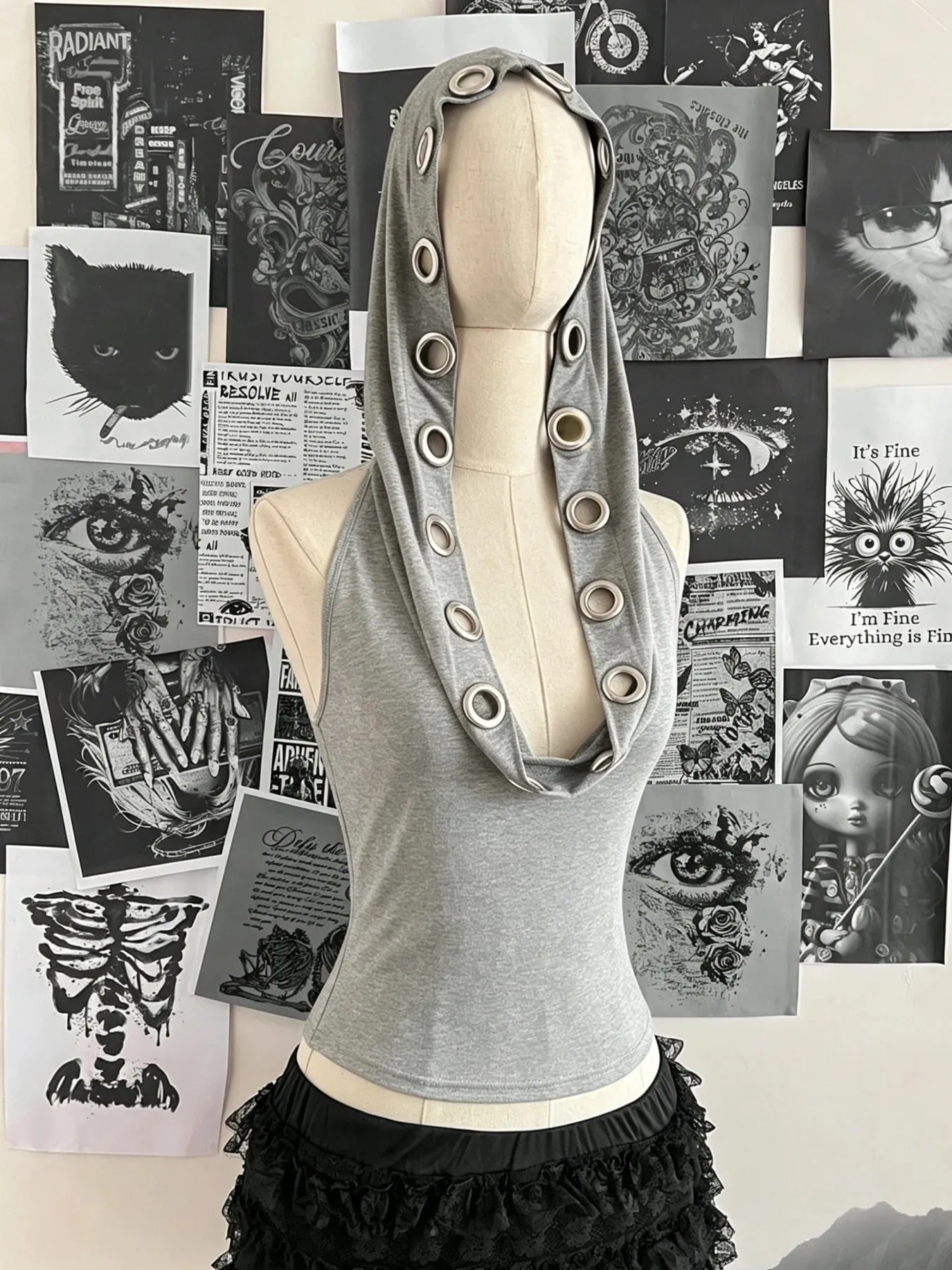 Women Sleeveless Hooded Eyelet Ring Cowl Neck Slim Crop Tank Top 2026 Gothic Y2K Streetwear Grunge Halter Camisole