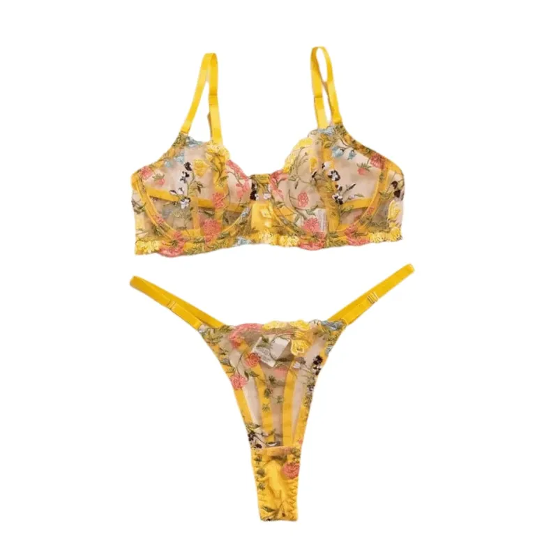 Versatile Transparent Lingerie Set Ultra-thin Push Up Panties Bra Set Elegant Embroidery Floral Underwear Girl