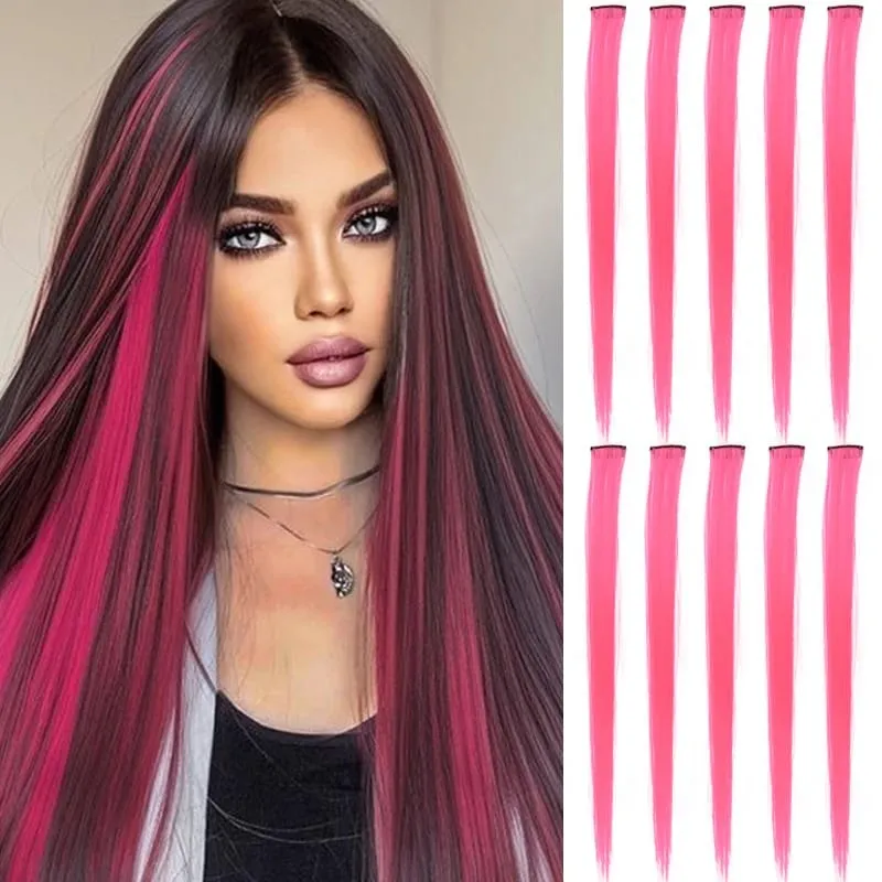 10Pcs Synthetic Colored Clip in Hair Extensions Hairpiece Party Highlights Straight Hair wig for Girls Kids Christmas Party Use
