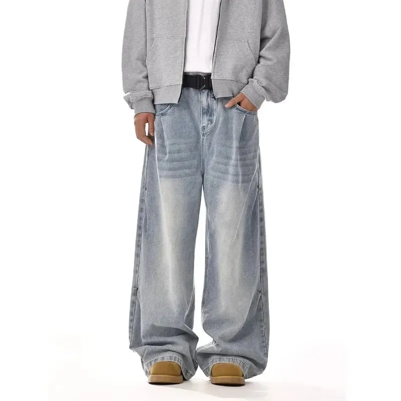 Mens Jeans Harajuku American Vintage Washed Cleanfit High Street Straight Loose Wide Leg Denim Pants Unisex Fashion Style New