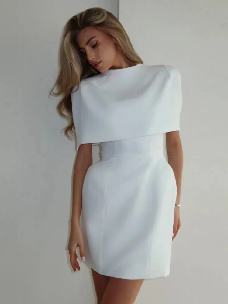 Solid Shawl A-line Dress Women Elegant Round Neck Waist Cinching Slim Short Mini Dresses 2026 Lady Daily Party Evening Vestido
