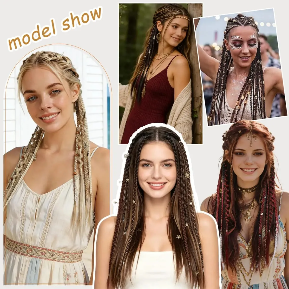 2Pcs Clip in Braided Hair Extensions for Women 16/20 Inch Handmade Synthetic Boho Clip in Braid Hairpieces with Beads & Charms