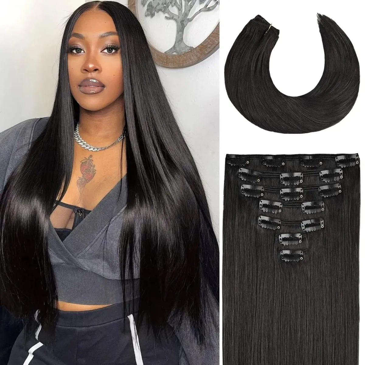 18/20/22inch Clip in Hair Extension 16 Cards 7pcs Straight Hair Clip-in Hair Extension Set for Women Synthetic Hair — image 1