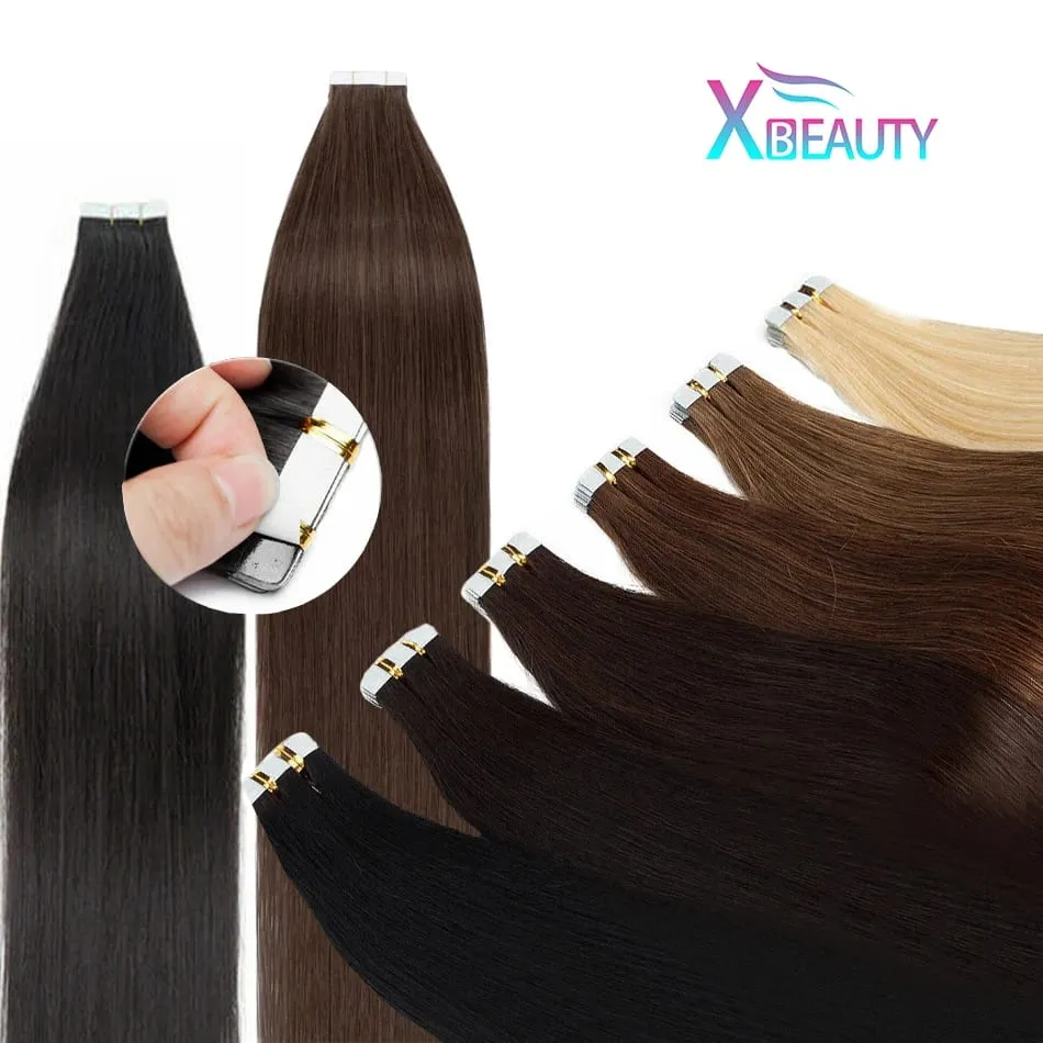 26 Inch Straight Tape In Hair Extensions 20pcs/50g Natural Black Remy 100% Human Hair Tape Ins Adhesive Invisible Glue Seamless