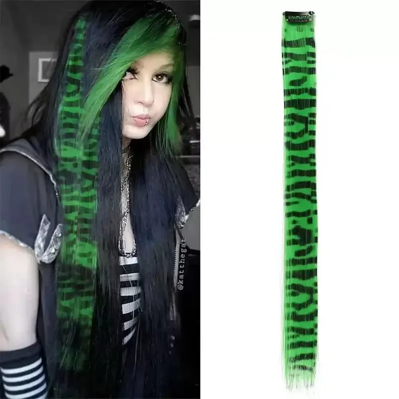 3pcs/set Stripe Printed Hair Colorful Long Straight Hair Pieces Synthetic Clip-in Hair Extensions for Daily Use Party Halloween
