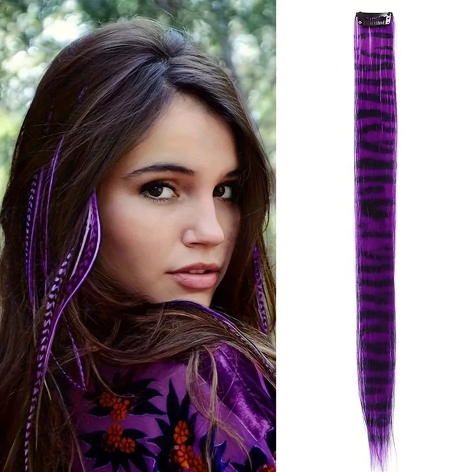 Long Straight Colorful Striped Feather Hairpieces Synthetic Y2K Green Orange Clip in Leopard Print Hair Piece Cosplay Party — image 10