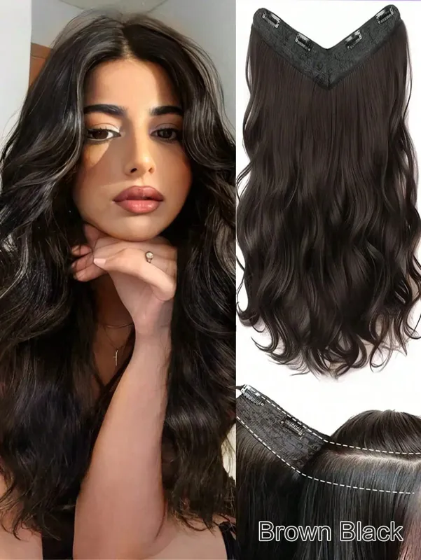 Synthetic Long Curly Wavy Clip in Hair Extension V-shaped Heat Resistant Black Hairpiece for Women