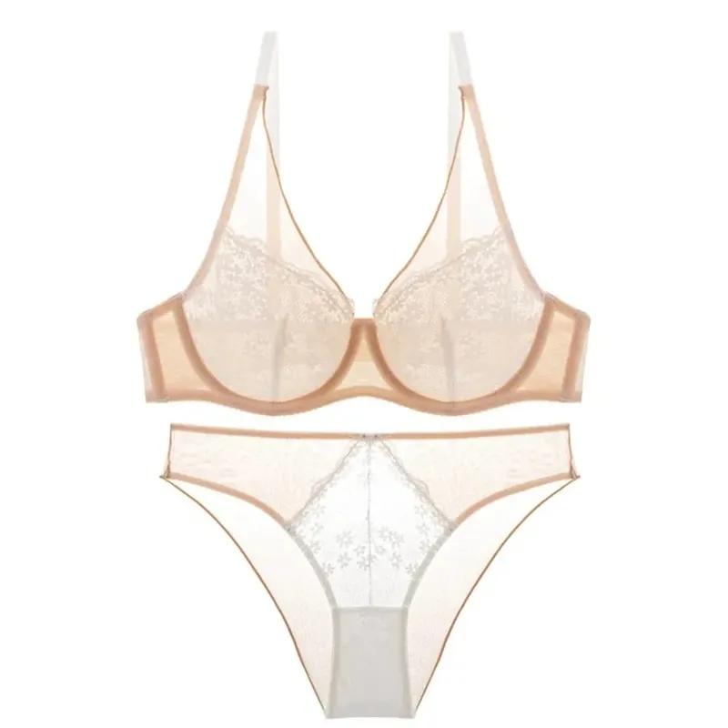 French Vintage Mesh Lace Flower Bra Set Brassiere Lingerie Mesh Bra Panties Kit Thin Seamless Push Up Bra Women Home
