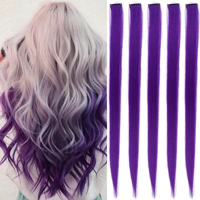 22inch 5PCS Synthetic Purple Clip in Hair Extensions Straight Colorful Hair Extensions Hairpieces for Halloween Christmas Party — image 11