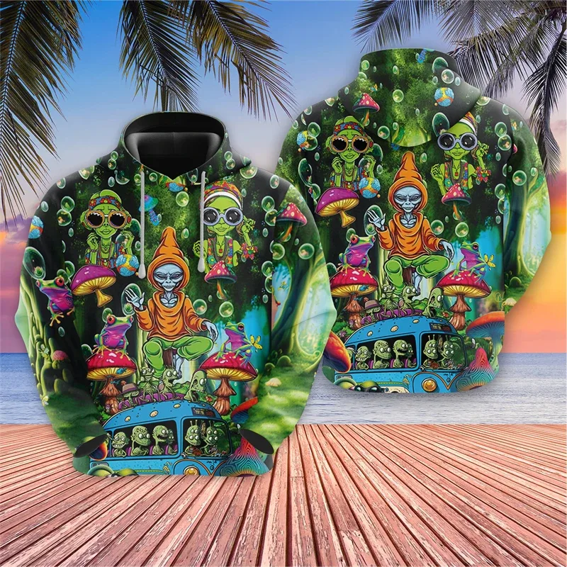 Harajuku Fashion Alien Graphic Sweatshirts Trippy Mushroom Y2k Hoodies For Men Clothes Cartoon Boy Pullovers Hip Hop UFO Hoody