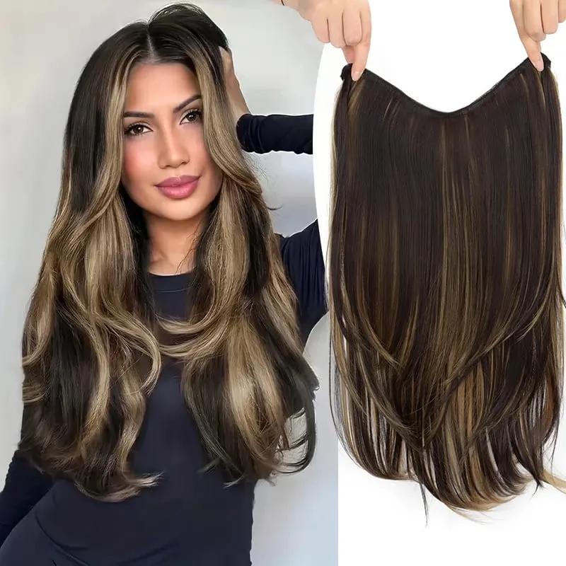 22Inch Synthetic Long Straight V-Shaped Layered Clip-In Hair Extensions for Women Invisible Seamless Hairpiece for Women