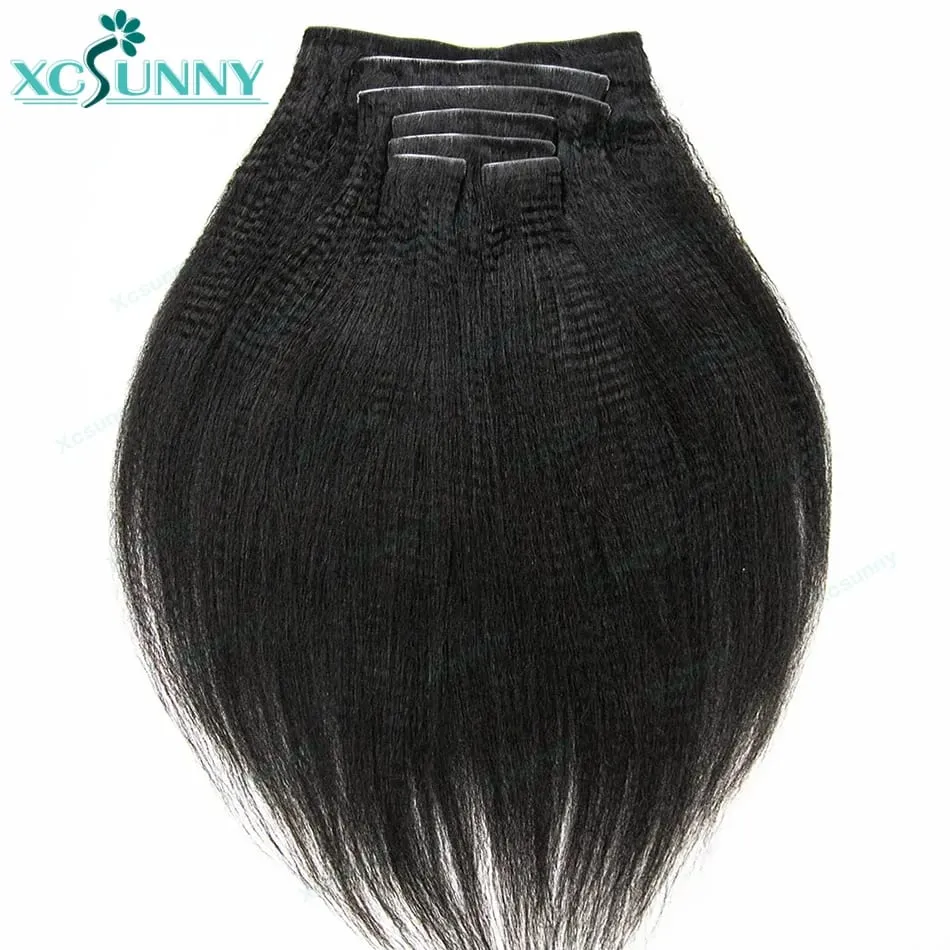 Clip de borde invisible en extensiones de cabello humano Yaki, cinta de PU recta inyectada, Clip de trama en extensiones de cabello, 7 unids/set, Clip en el cabello