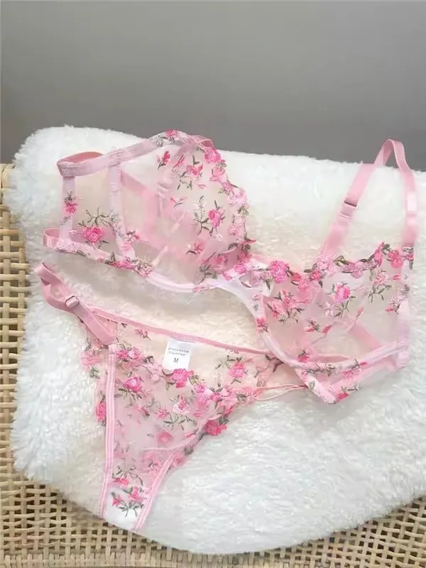 Elegant Lingerie Set-Floral Embroidery Semi-Transparent Bra & Brief Black Sensual Women's Underwear Luxury Intimates