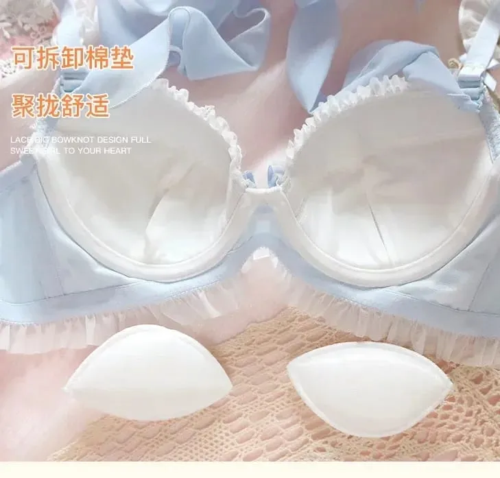 Water Soluble Lace Bra & Panty Set with Push Up Steel Ring Bows - Fresh Blue Lingerie for Women