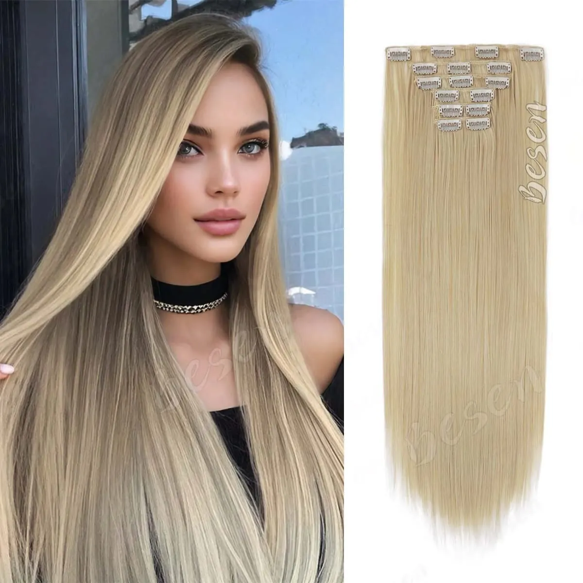 Synthetic 24Inch 16 Clips in Hair Extensions Long Straight Hairstyle Blonde Black Hairpieces Heat Resistant False Hair Daily Use