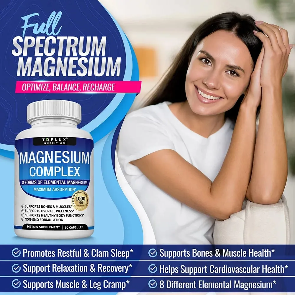 Magnesium Complex Supplement 1000mg - Magnesium Glycinate Citrate Malate Taurate for Bones Muscle Energy 90 Vegan Capsules