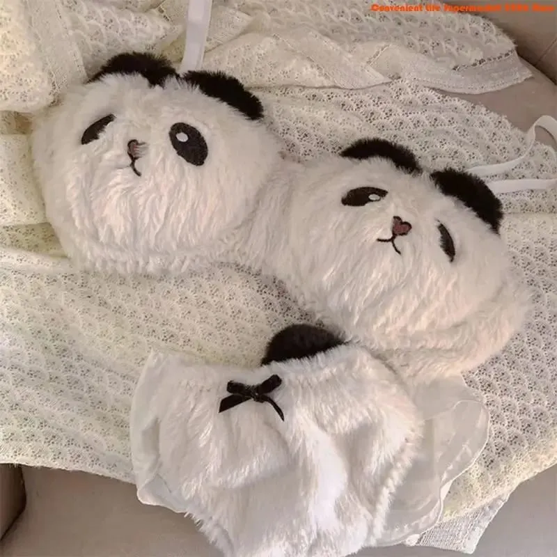 76HE Women's Cartoon Panda Pattern Winter Lingerie Furry Plush Bra and Panty Set School Girl Japanese Anime Cosplay Underwear