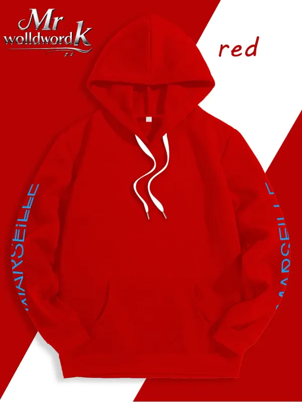 Men Marseille 13 City Graphic Hoodie Multi‑Print Sleeve Back Letter Hooded Sweatshirt Autumn Winter Fleece Loose Hoodie