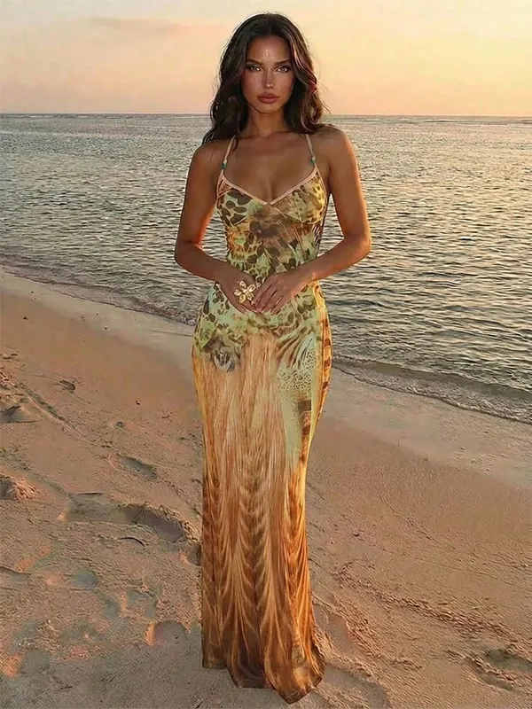 Vintage Print Sleeveless Irregular Hem Dress Women's Sexy Backless High Waist Slim Fit Vestidos Summer Lady Vacation Beach Wears
