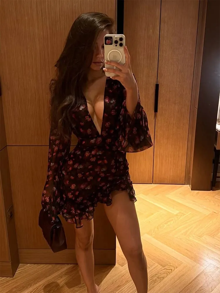 White Red Floral Ruched Puff Sleeve Mini Dress V-neck Ruffle Hem 3d Rose Dresses 2026 Summer Lady Party Sweet Date Vestidos New