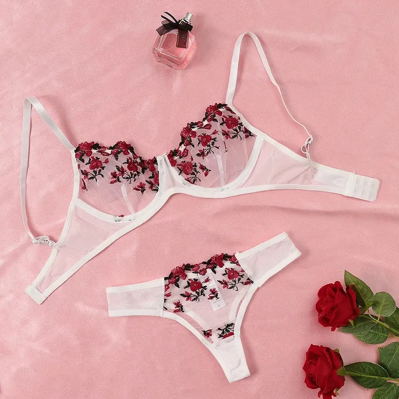 Purple Fancy Lingerie Set Women Embroidered Flower Bra and Panty Underwear Female Outfits