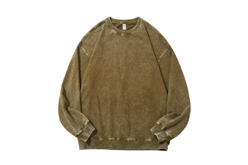 Extra-Large 100% Pure Cotton 350g Round-Neck Hoodie Washed-Out Retro Wax-Printed Snowflake Crewneck Sweater Casual Distressed