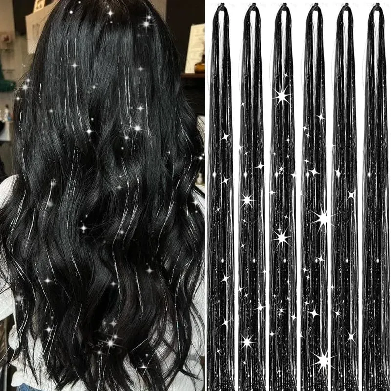 6Pcs Hair Tinsel Kit 24inch 1200 Strands Glitter Tinsel Hair Extensions Shiny Colorful Tinsel Hair Party Highlights for Women