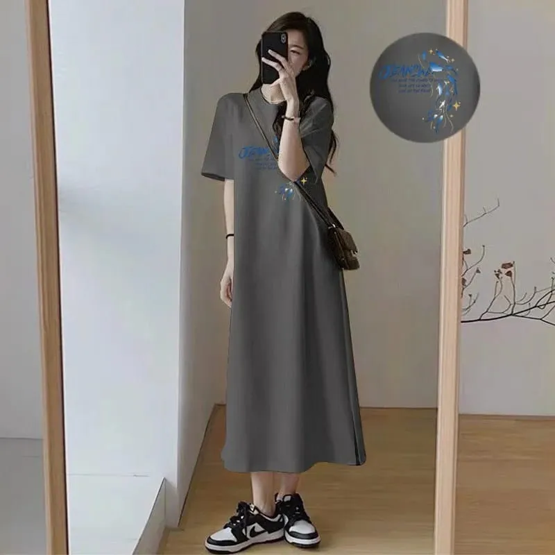 Korean Casual Maxi Tee Dress Blue Dolphin JEANS Letter Print White Loose Short Sleeve Long T-shirt Dress