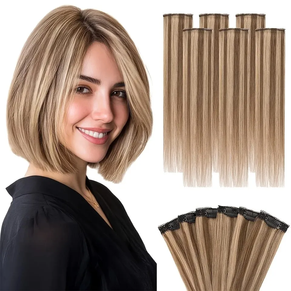 Straight Clip In Hair Extensions Synthetic 6Pcs Highlight Clip On Hair Pieces Thin For Women Short Bob Hairstyle Daily