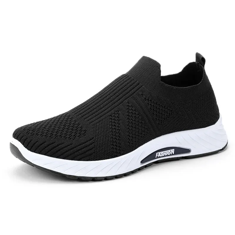 Men Breathable Knit Slip On Shoes Lightweight Cushioned Sole Round Toe Outdoor Elderly Walking Sneakers