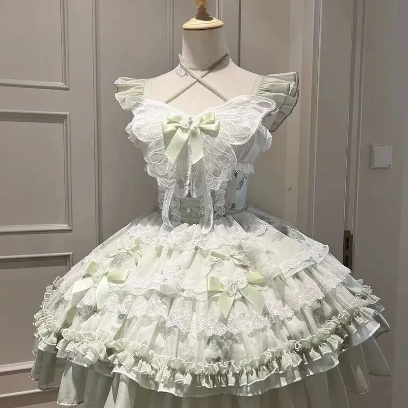 2026 Sweet Lolita Y2k Mini Dresses Women Lace Patchwork Short Sleeve Elegant Bandage French Vintage Short Party Dress Female